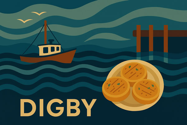 Artistic rendering of Digby harbour with boat, dock and plate of scallops in the foreground.